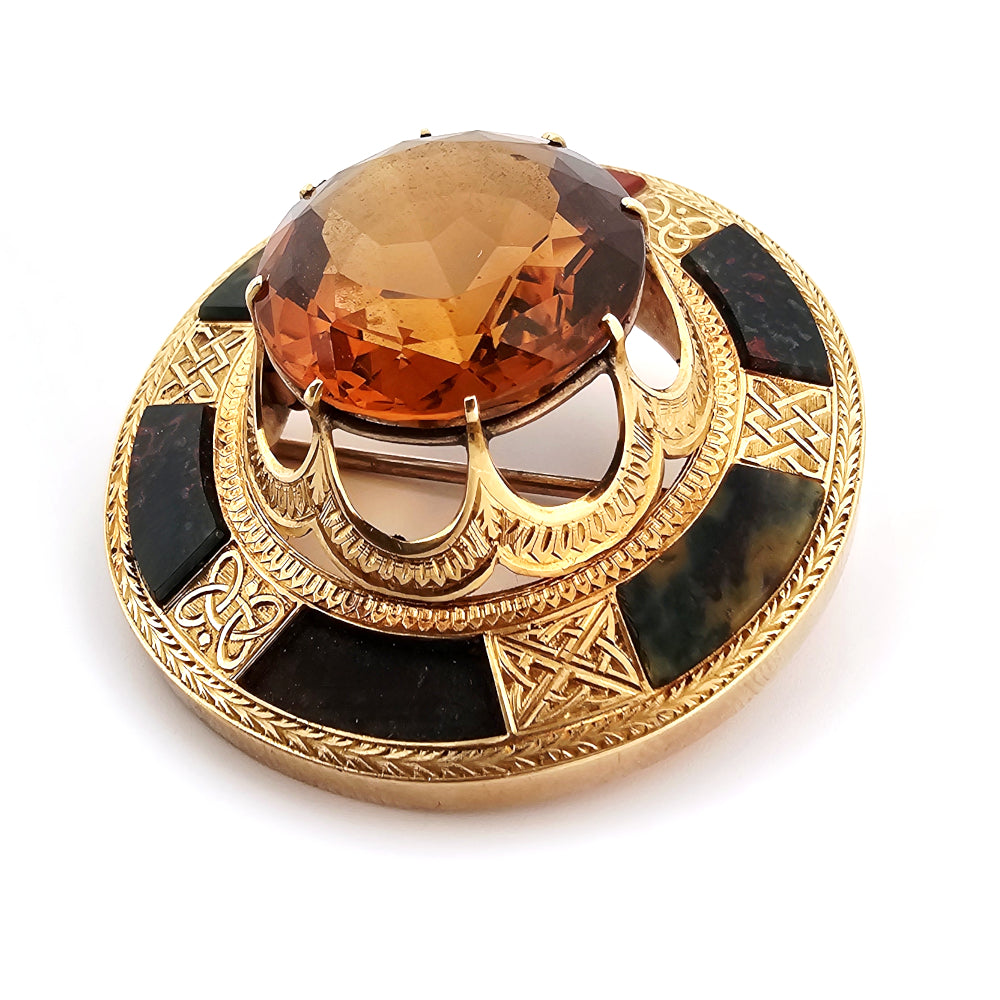 ANTIQUE YELLOW GOLD, CITRINE AND SCOTTISH CAIRNGORM BROOCH