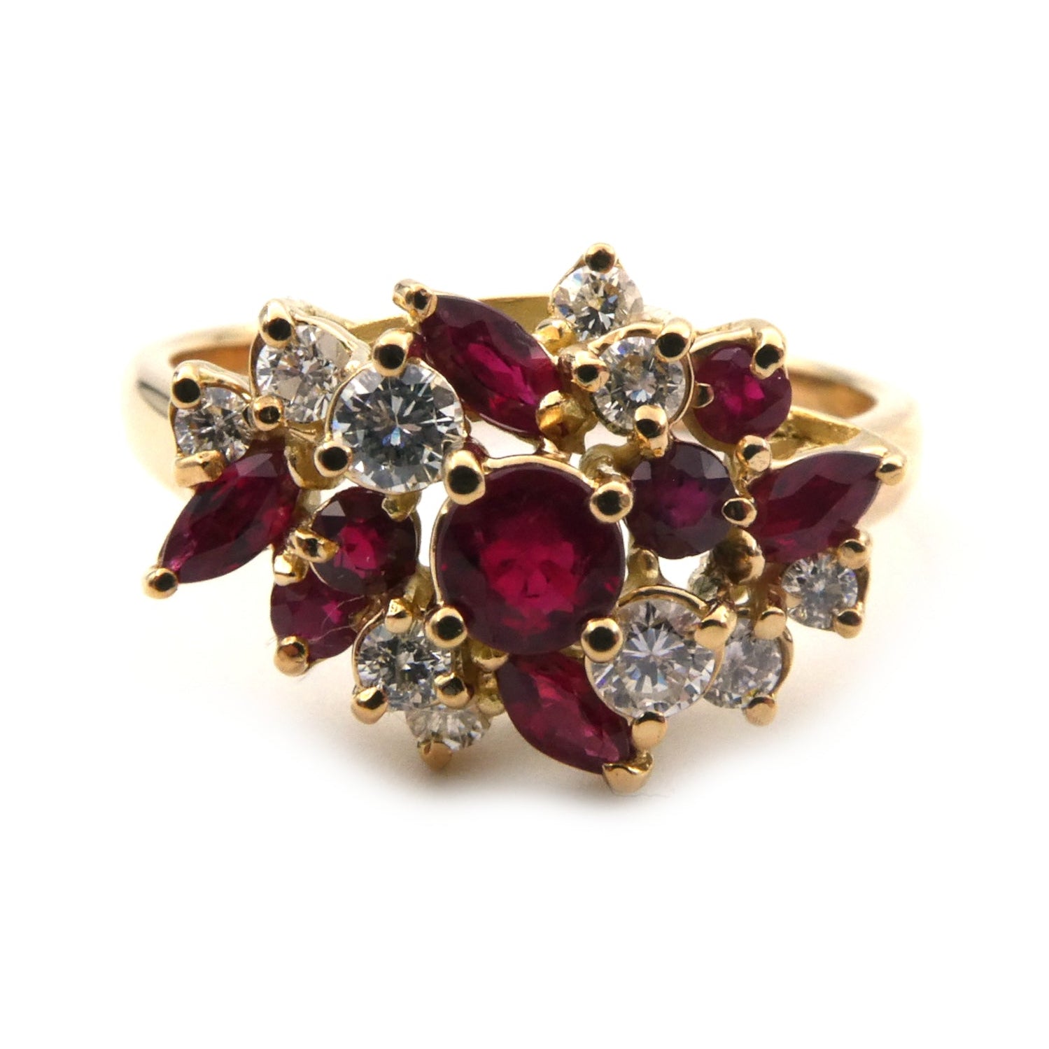 Vintage styled ruby and diamond cluster ring